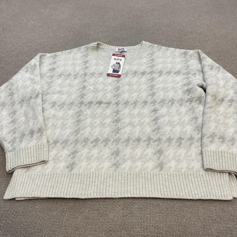 525 Sweater Womens XL White Check Crew Neck Glitter Knit Stretch Pullover
